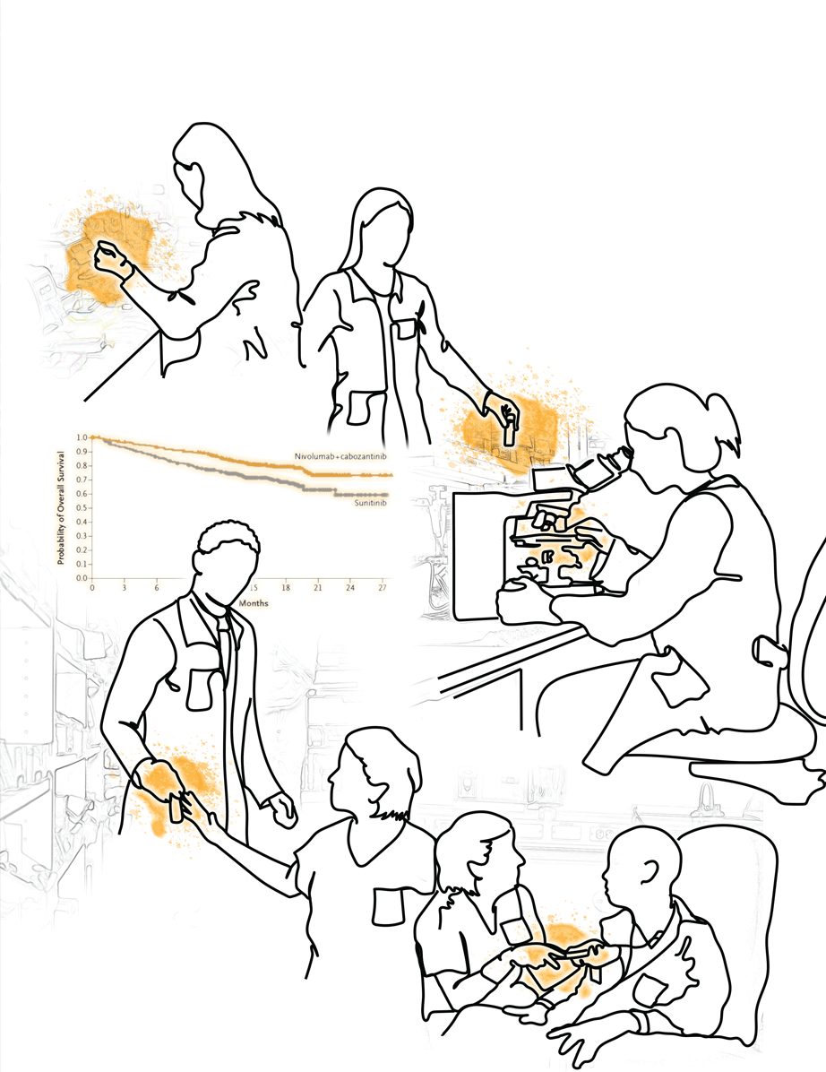 Good for Bladder Cancer, Better for Kidney Cancer - Illustration showing team science, moving the drug from basic research into treatment