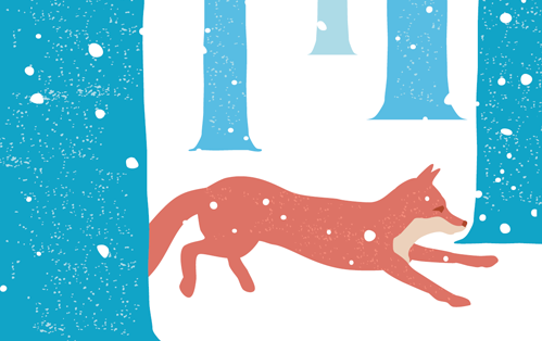 illustration depicting a fox running through a snowy forest