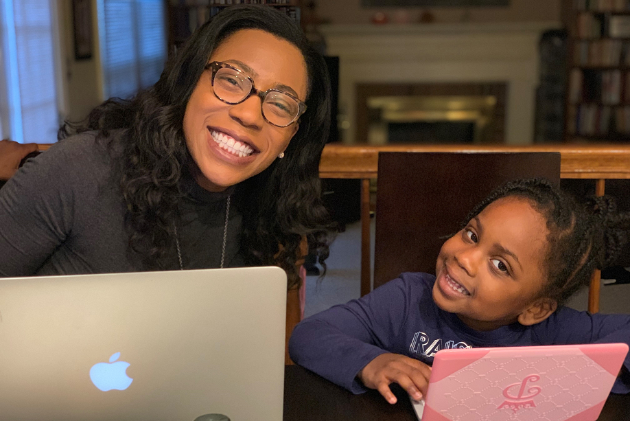 Sadhana Jackson and daughter at computer